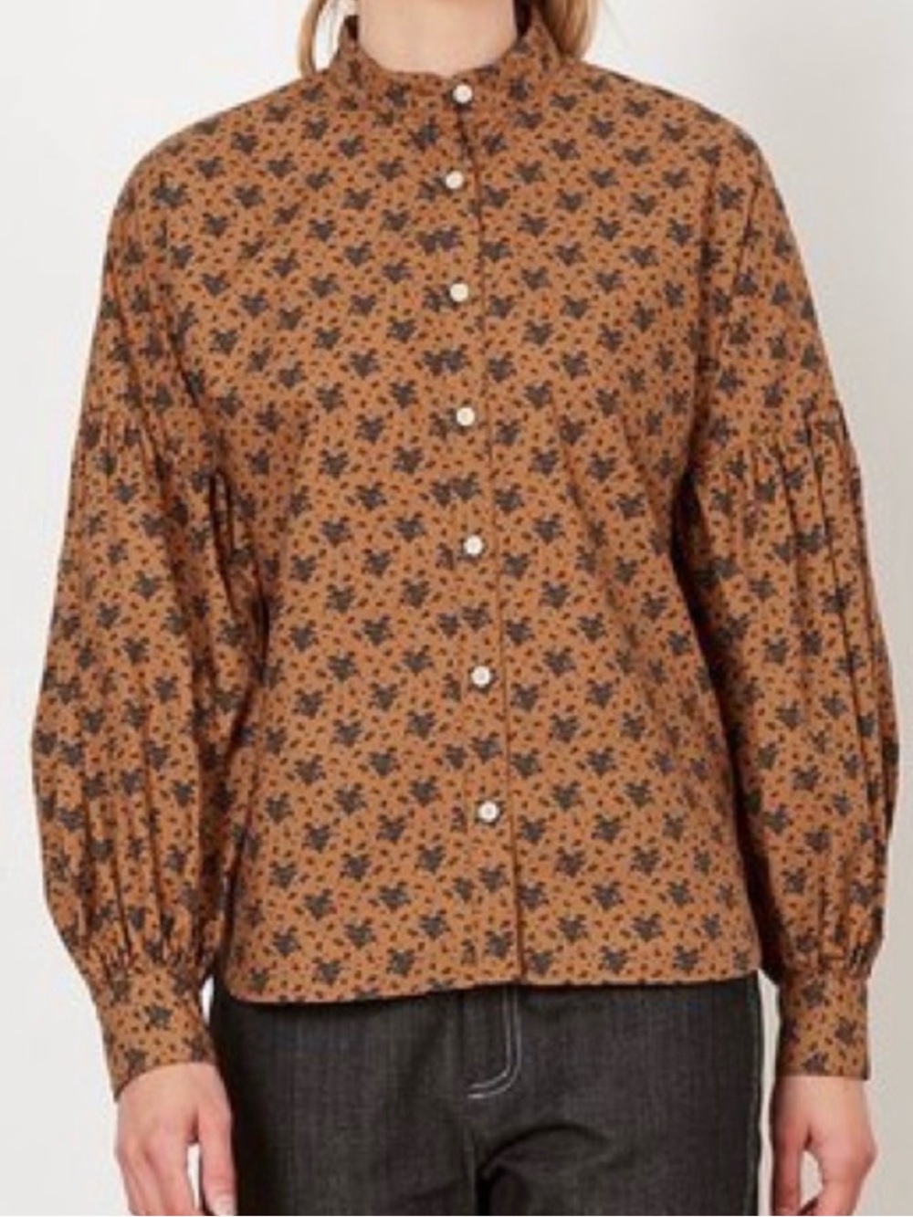 No. 6 Store Spencer Cotton Poplin Shirt Brown Navy Floral Cottagecore USA Made S - Picture 4 of 11
